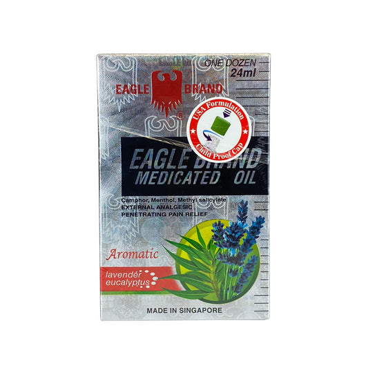 Twelve 0.8 fl oz Eagle Brand medicated oil bottles in packaging