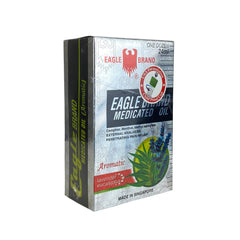 Illustration of natural ingredients used in Eagle Brand medicated oil: lavender, eucalyptus, camphor, menthol, methyl salicylate