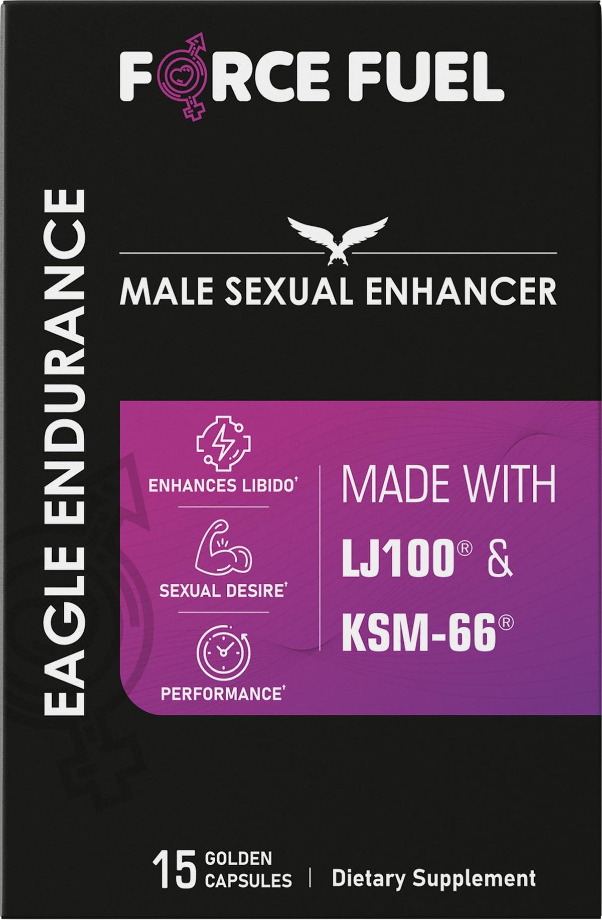 Bottle of Eagle Endurance herbal pills on a white surface