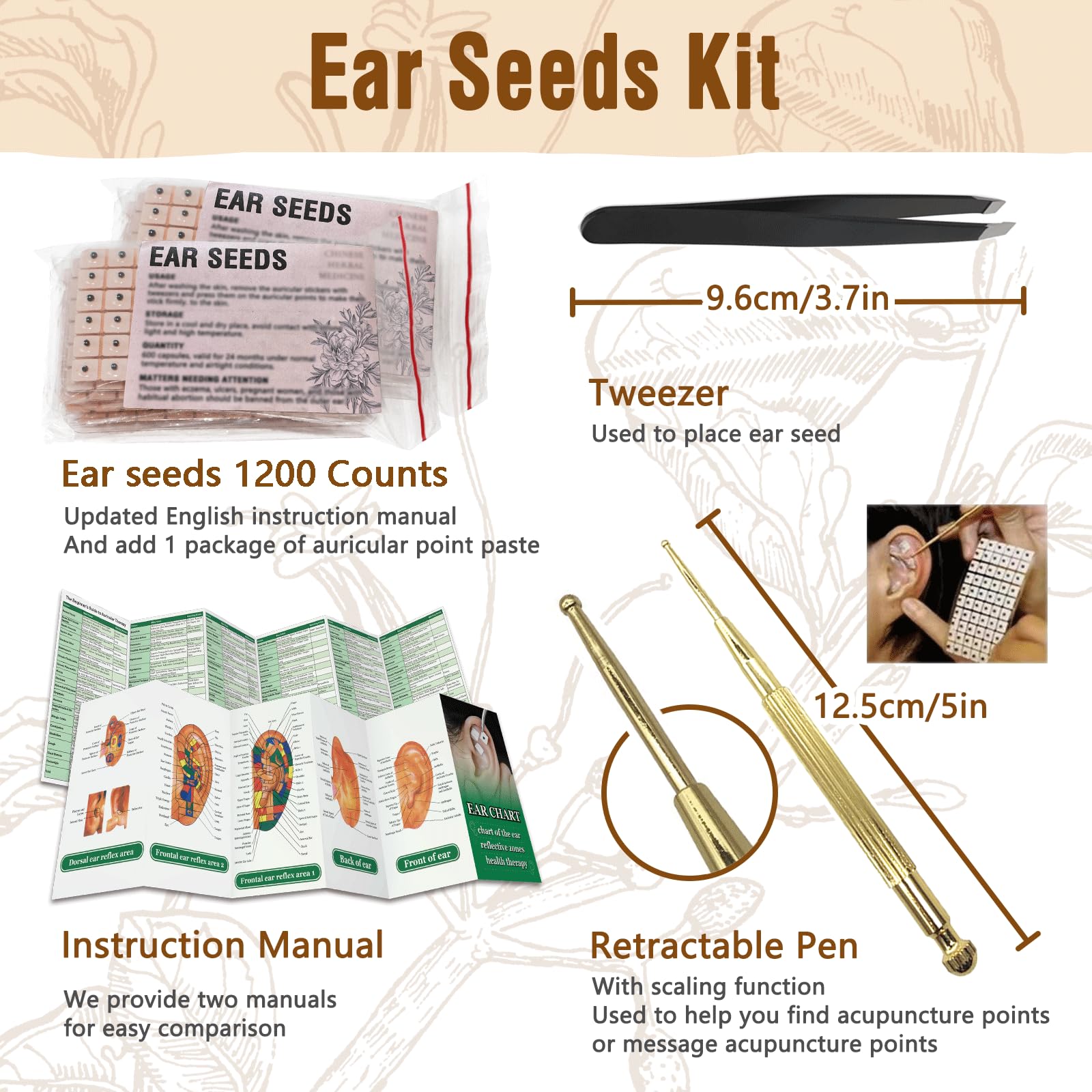 Ear seeds kit with 1200 counts and tools
