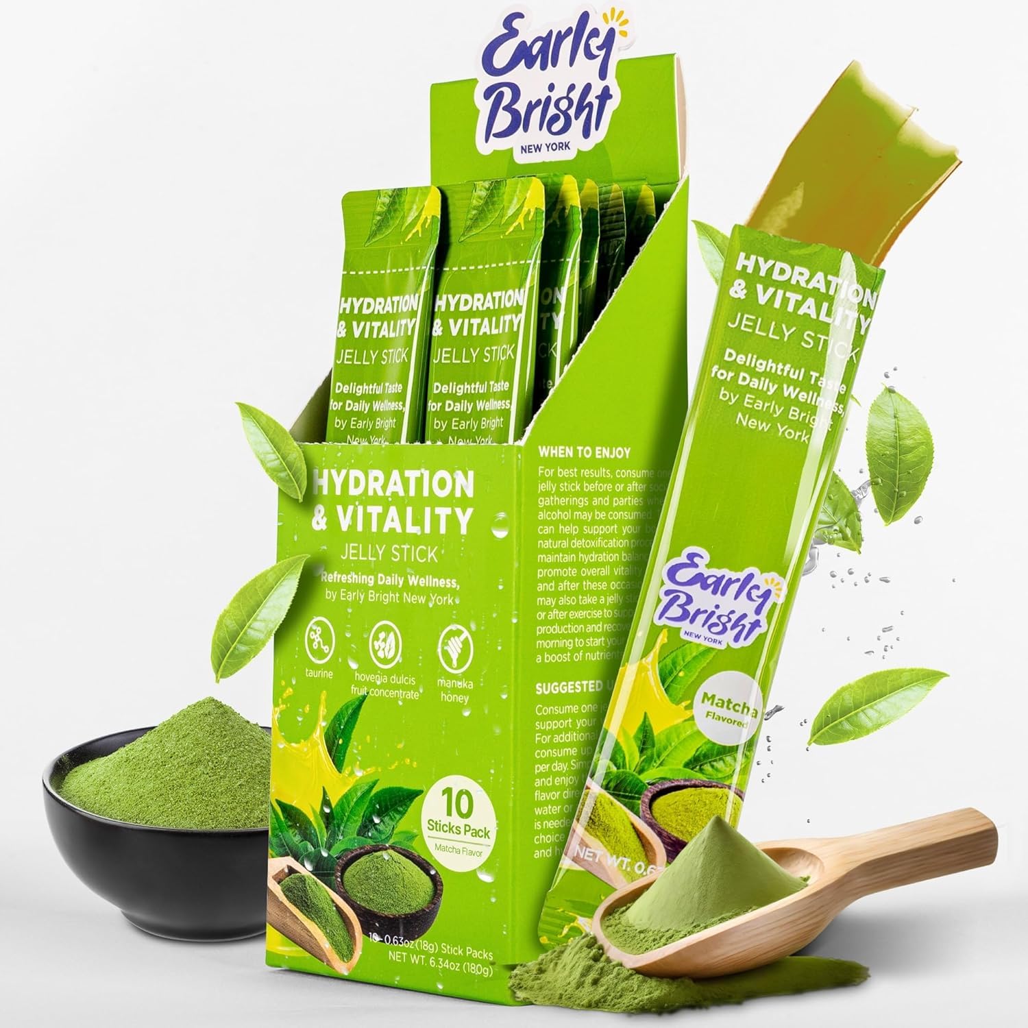 EARLY BRIGHT NEW YORK Jelly Sticks Matcha flavor open pack for a refreshing morning boost after drinking.