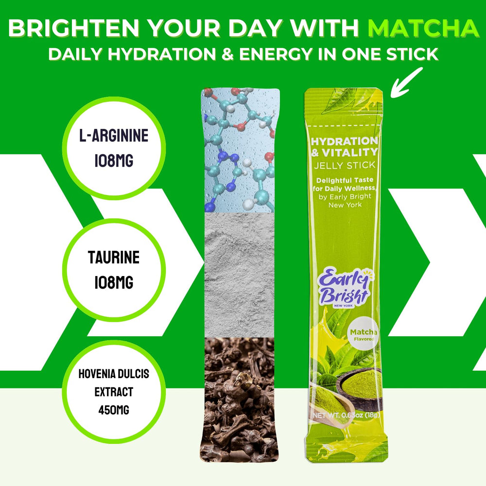 EARLY BRIGHT NEW YORK Jelly Sticks Matcha stick closeup highlighting convenient tear-and-squeeze use.