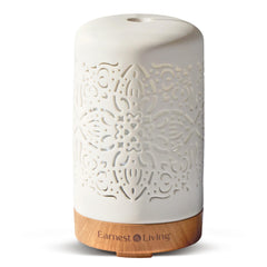 Earnest Living white ceramic essential oil diffuser – front view