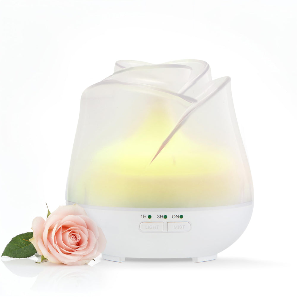 Front view of frosted white rose-shaped 150ml diffuser