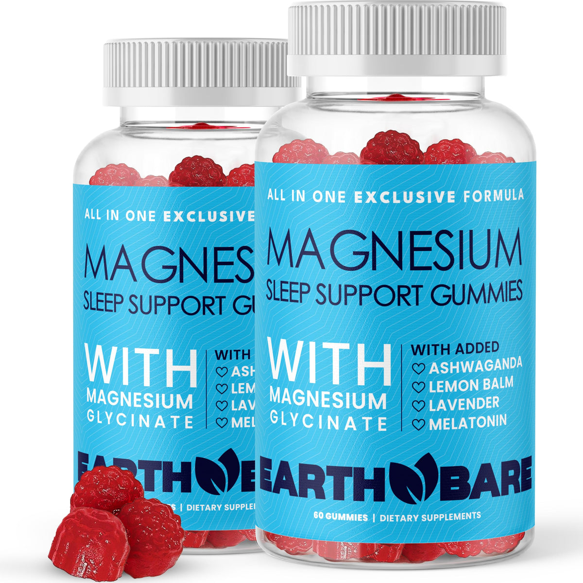 Earth Bare Sleep Gummies bottle label highlighting magnesium glycinate and melatonin
