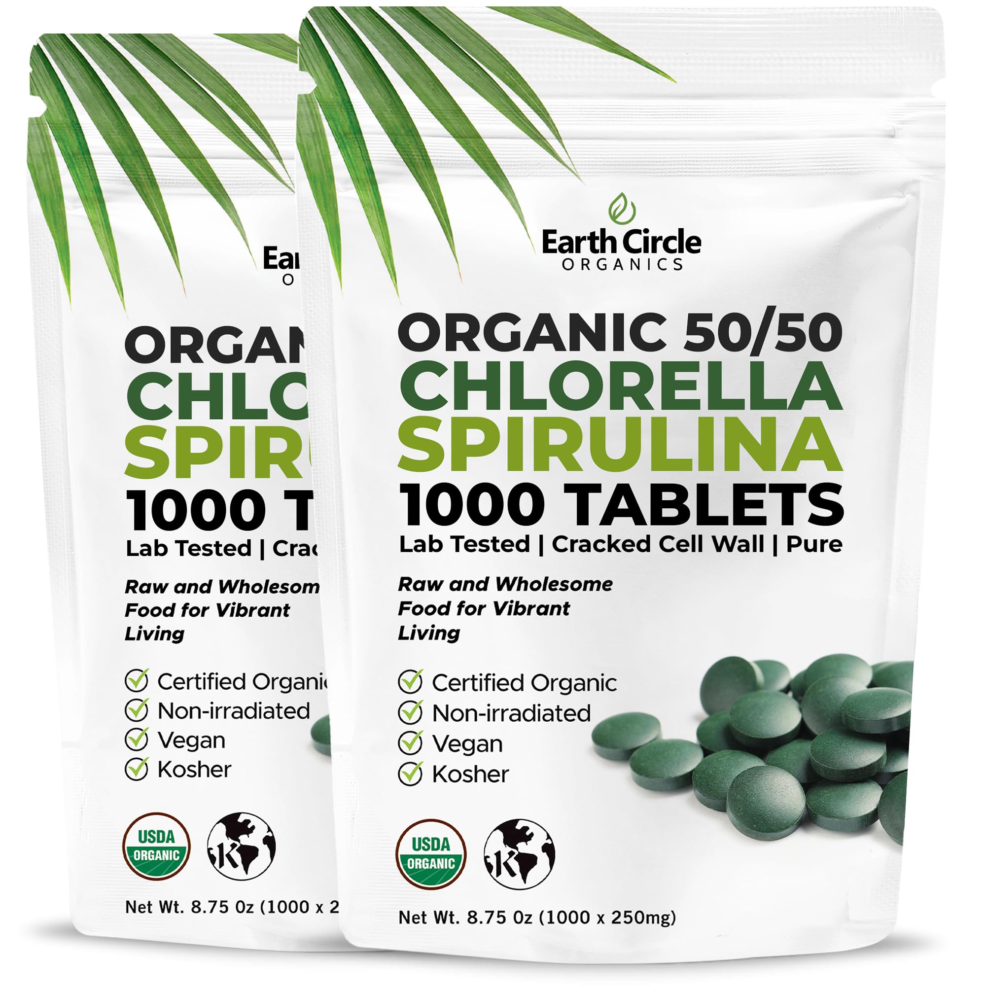 Earth Circle Organics chlorella-spirulina tablets in bottle for daily wellness