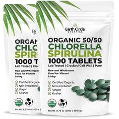Earth Circle Organics chlorella-spirulina tablets in bottle for daily wellness