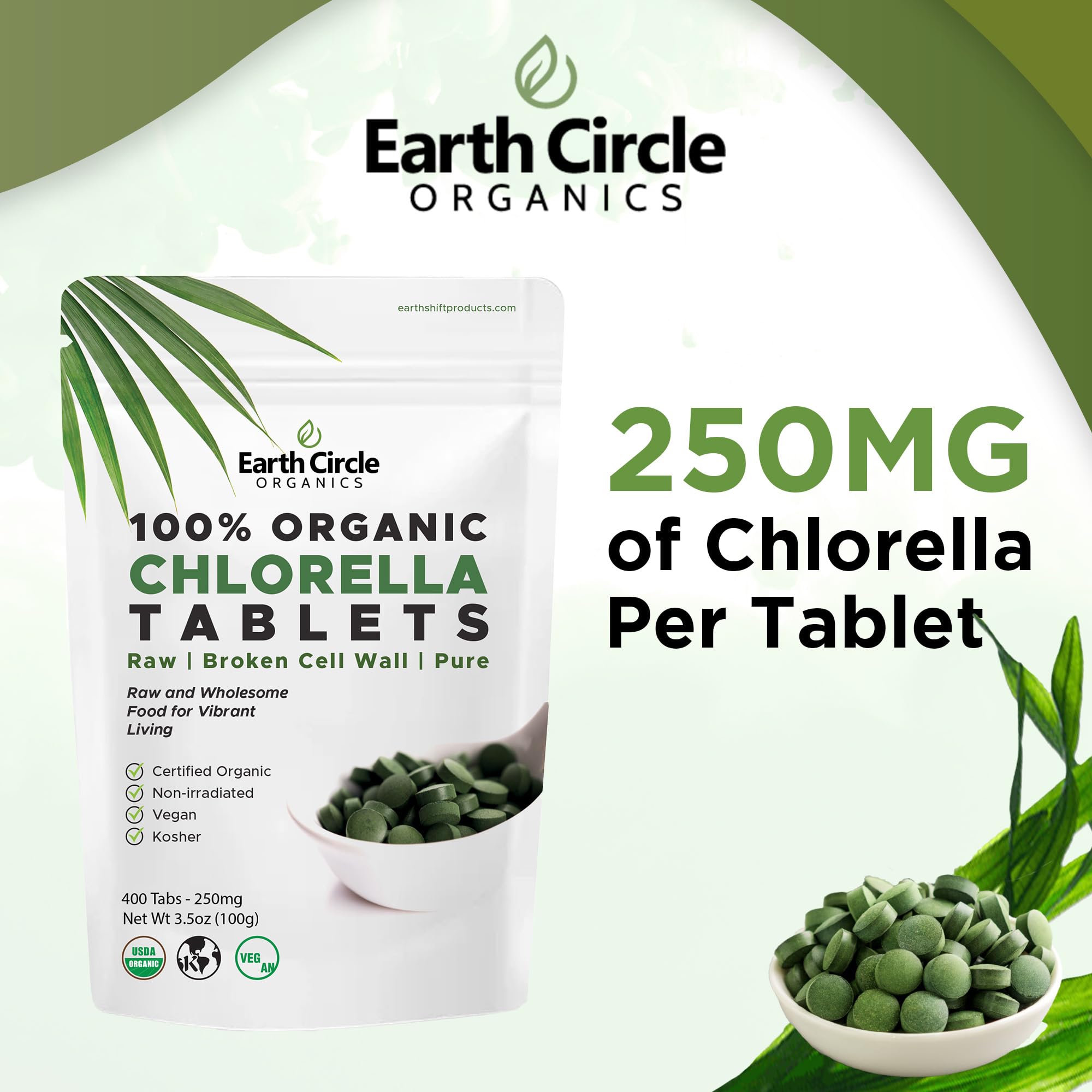 Earth Circle Organics chlorella tablets close-up of small daily tablets