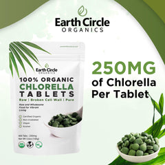 Earth Circle Organics chlorella tablets close-up of small daily tablets
