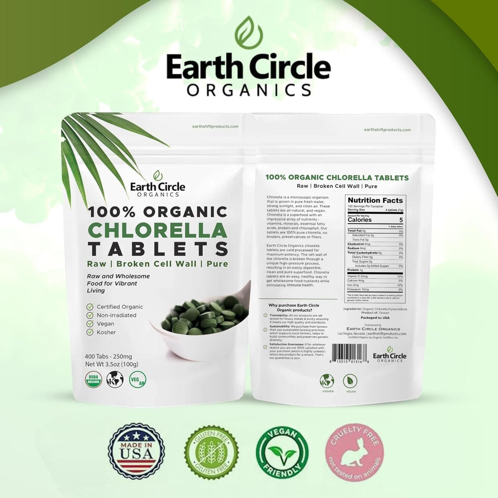 Earth Circle Organics chlorella tablets vegan kosher non GMO certification badge
