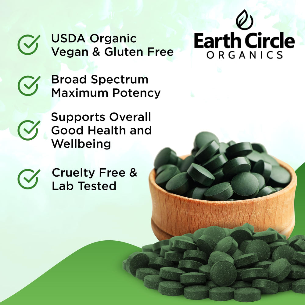 Earth Circle Organics cracked cell wall tablets close-up, optimized nutrient absorption.