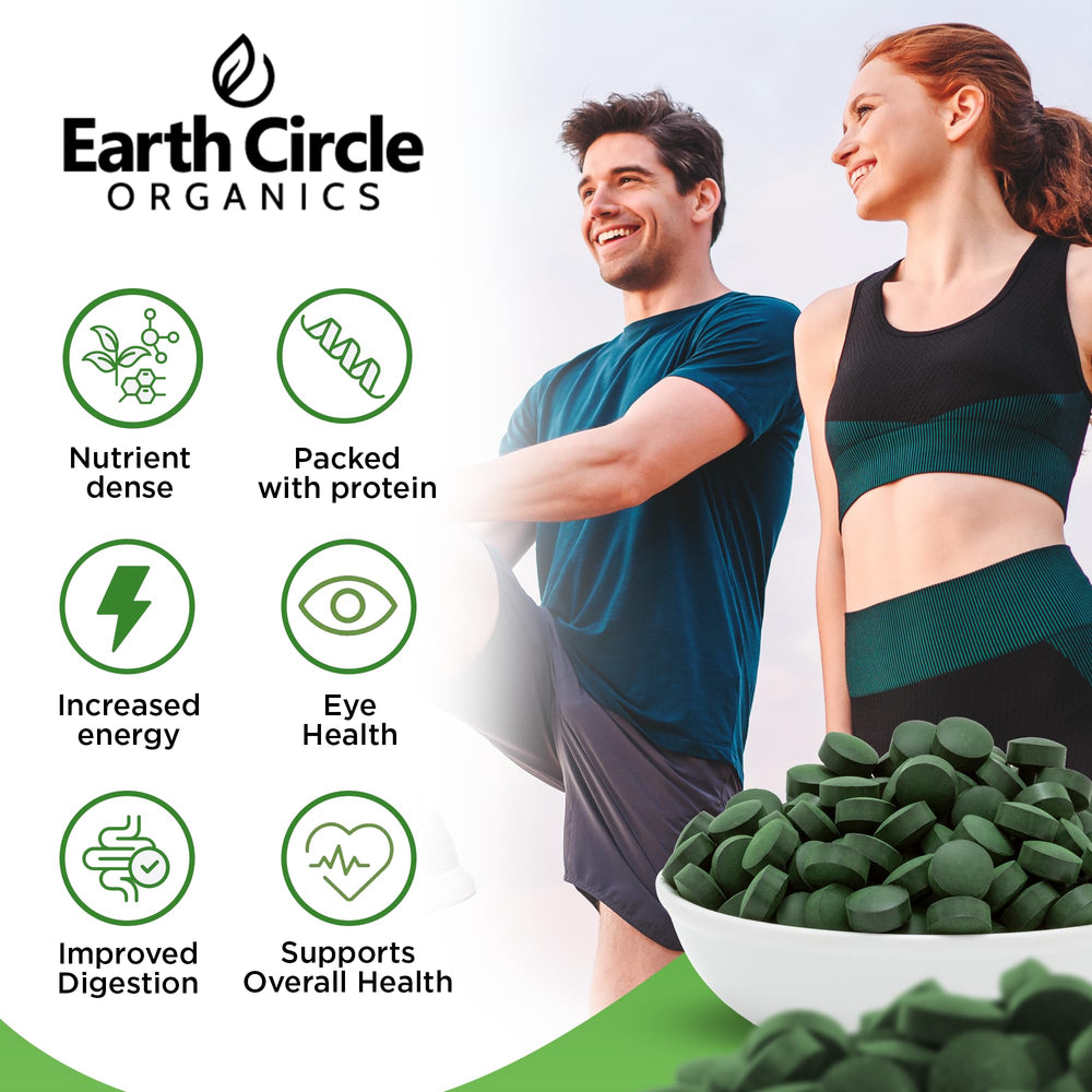 Earth Circle Organics nutrition label image showing protein, iron, and chlorophyll details.