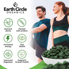 Earth Circle Organics nutrition label image showing protein, iron, and chlorophyll details.
