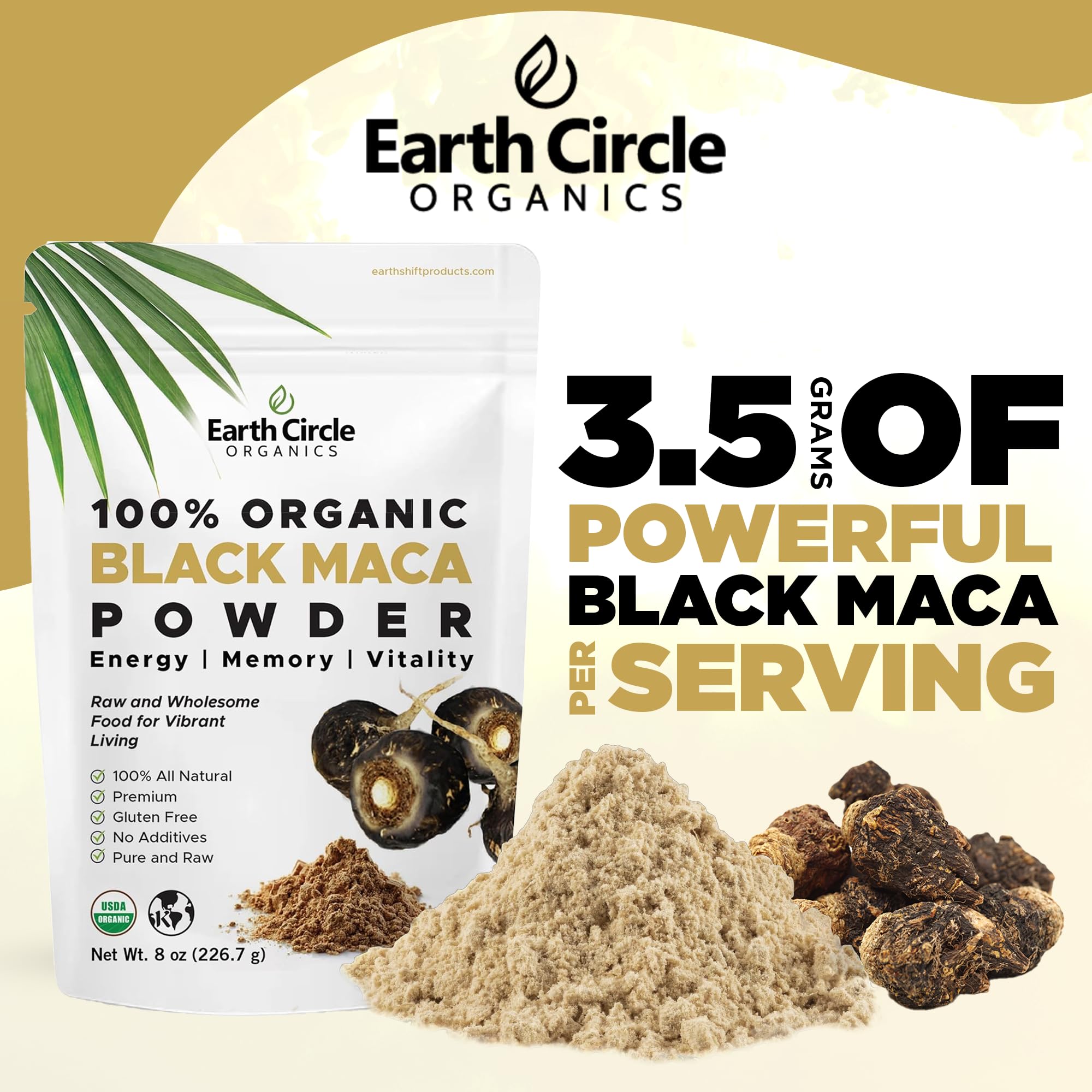 Packaging image showing Earth Circle Organics 3-pack of Black Maca Powder