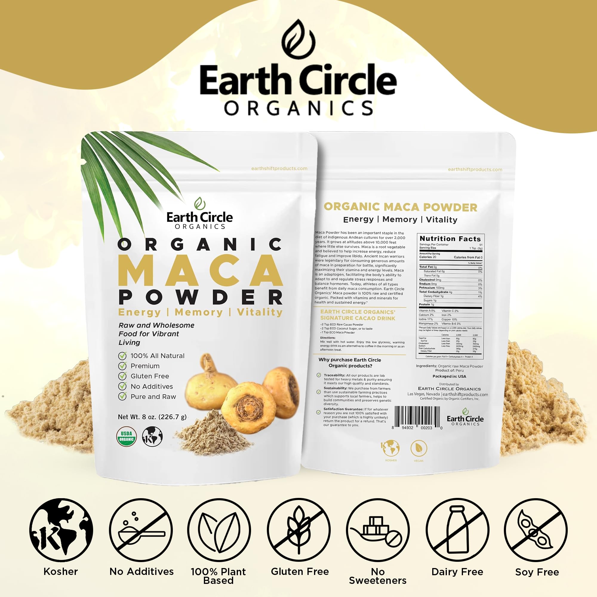 Two packs of Earth Circle Organics Yellow Maca Root Powder