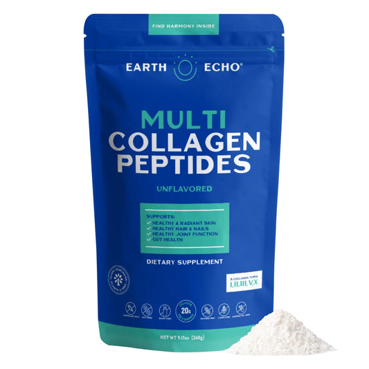 Bottle and scoop of Earth Echo Multi-Collagen Peptides Powder
