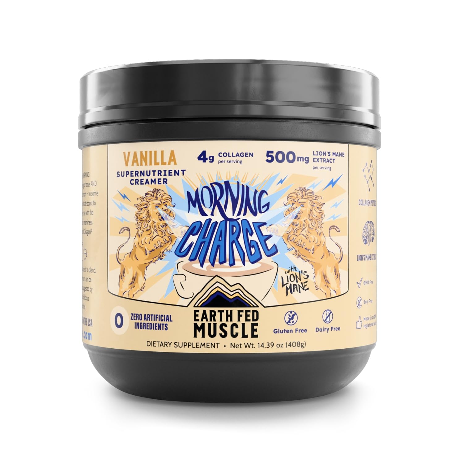 Bottle of Earth Fed Muscle Morning Charge protein coffee creamer