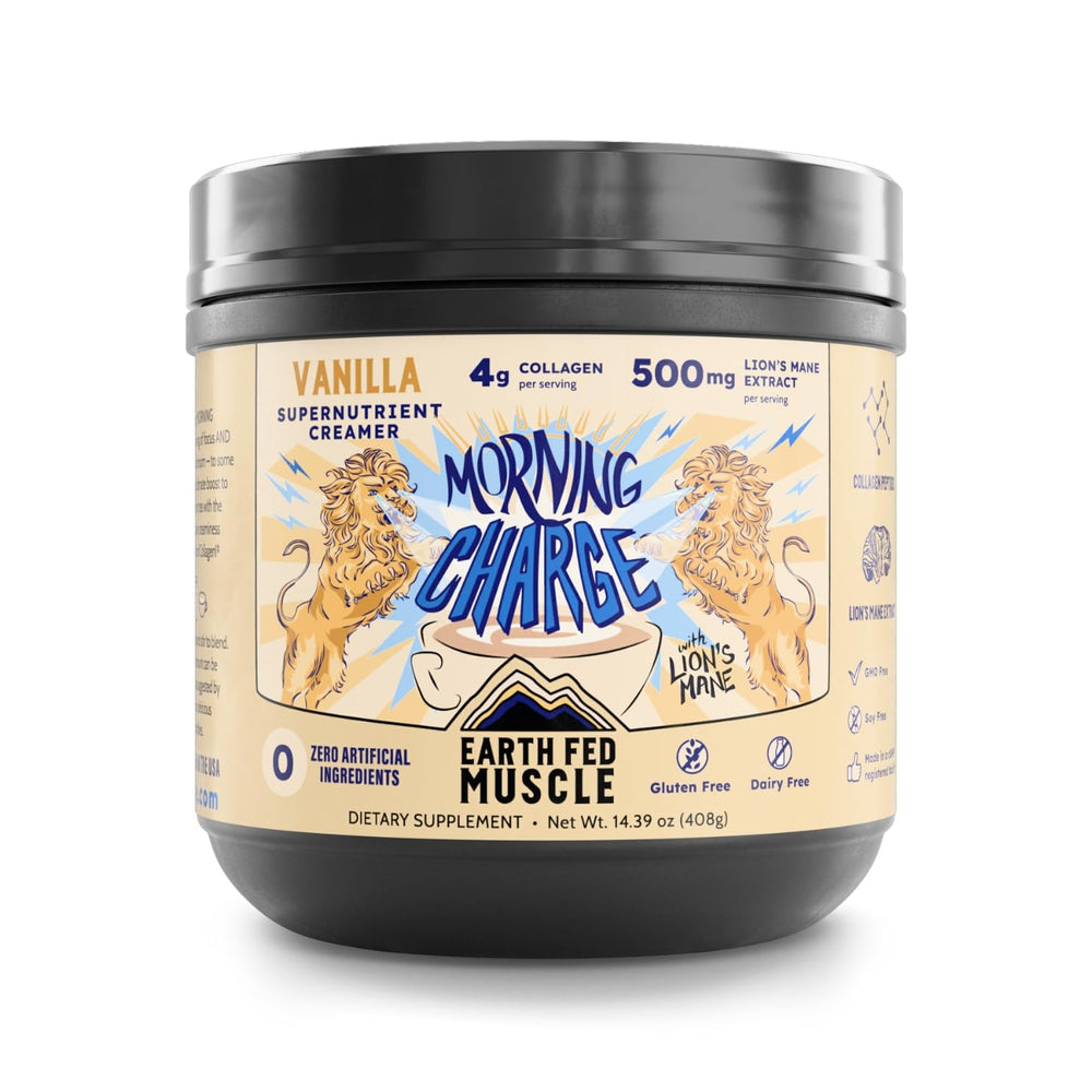 Bottle of Earth Fed Muscle Morning Charge protein coffee creamer
