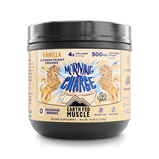 Bottle of Earth Fed Muscle Morning Charge protein coffee creamer