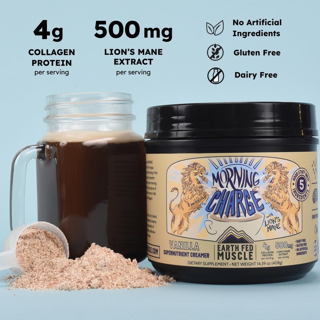 Ingredients list showing coconut milk powder, Lion's Mane, collagen, coconut sugar, vanilla