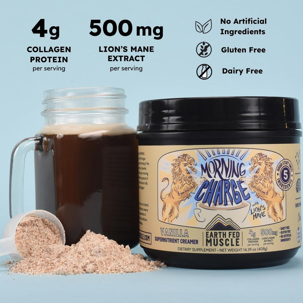 Ingredients list showing coconut milk powder, Lion's Mane, collagen, coconut sugar, vanilla