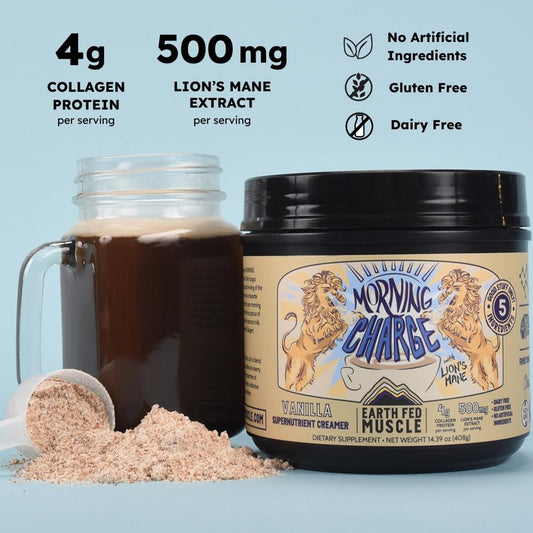 Ingredients list showing coconut milk powder, Lion's Mane, collagen, coconut sugar, vanilla