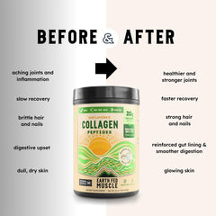 Earth Fed Muscle collagen with glass of water, keto-friendly option.