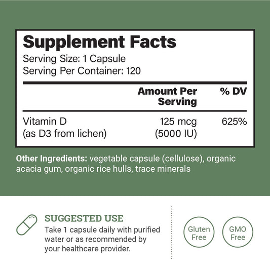 Bottle of Earth Harmony Naturals Vegan Vitamin D3 5000 IU 120 capsules