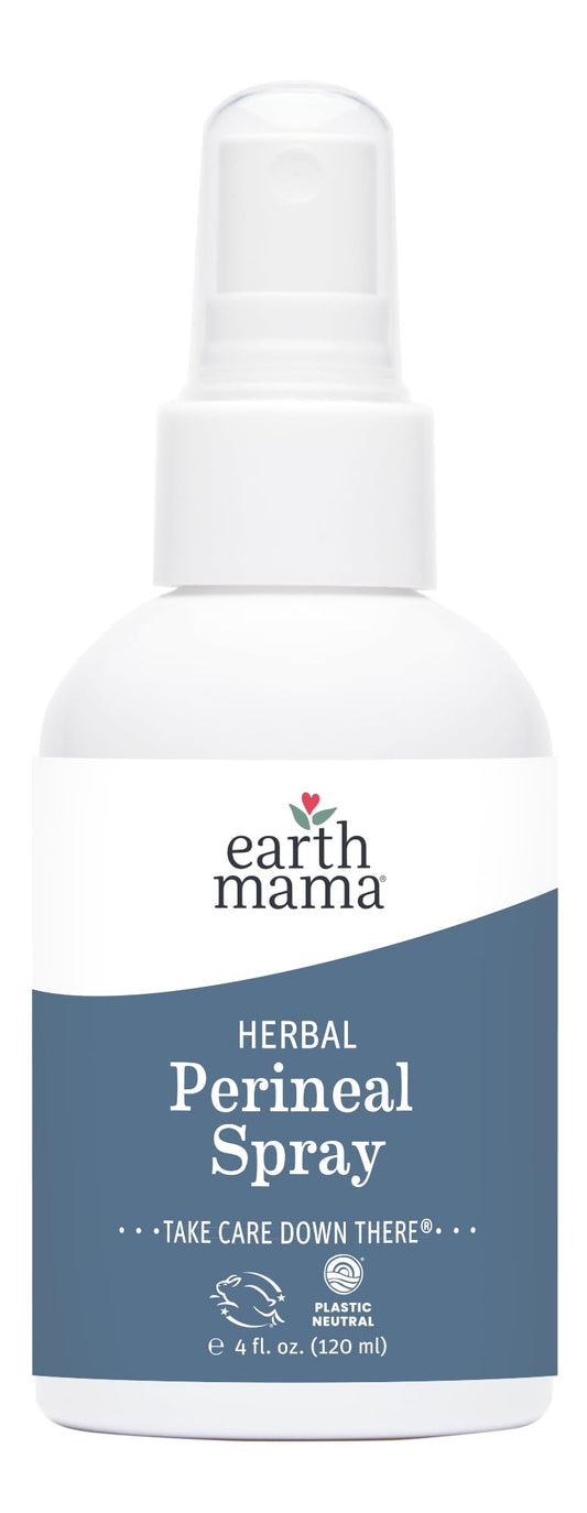 Earth Mama Herbal Perineal Spray bottle with upside-down design delivers touch-free, gentle feminine care.