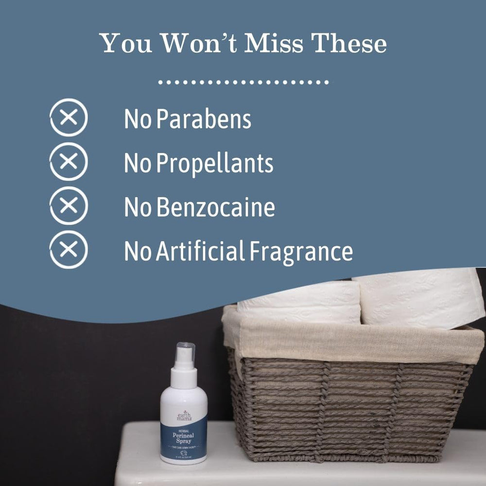 Earth Mama Herbal Perineal Spray supports postpartum care as part of hospital bag essentials.