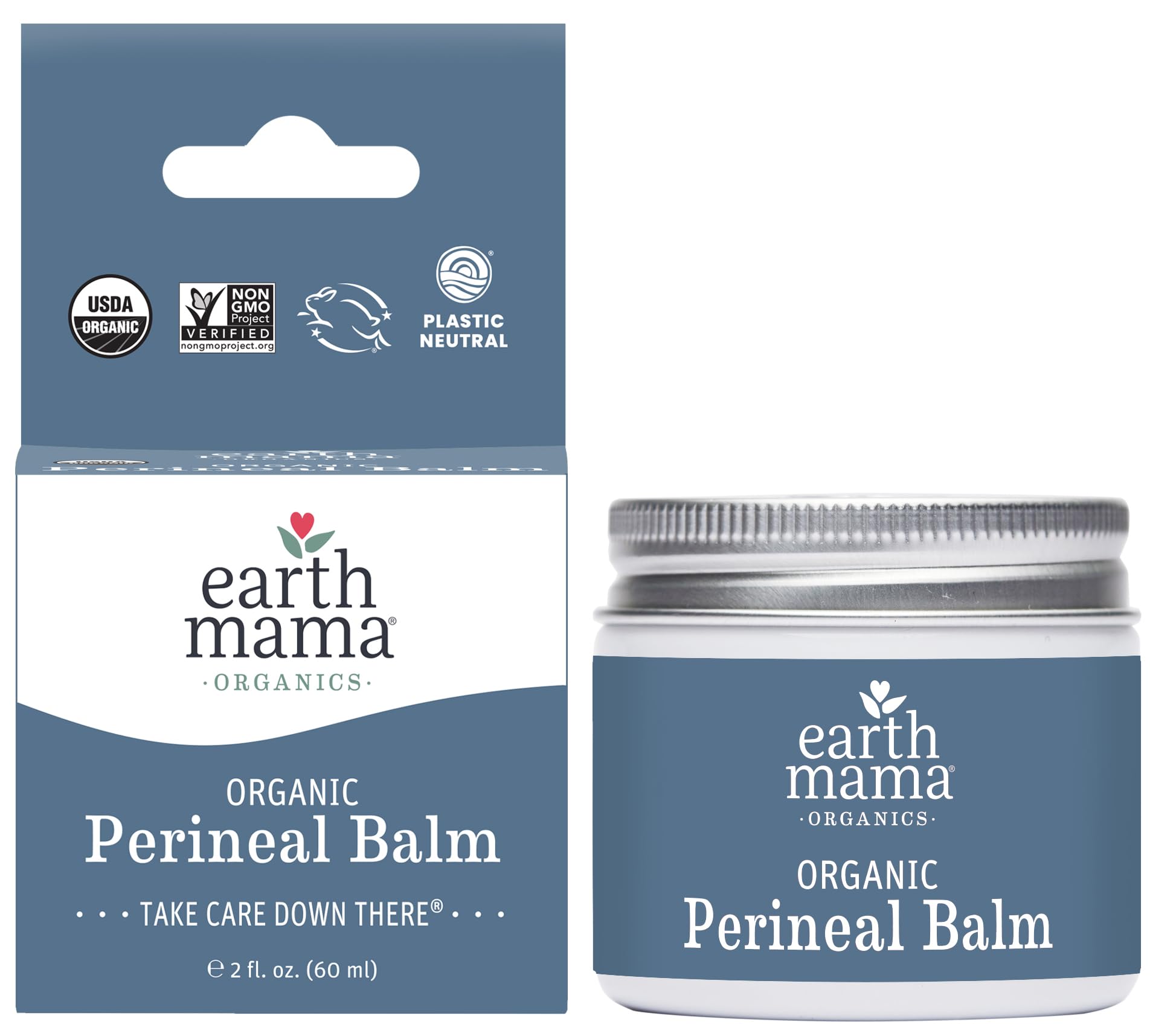 Earth Mama Organic Perineal Balm jar closeup for soothing postpartum care.