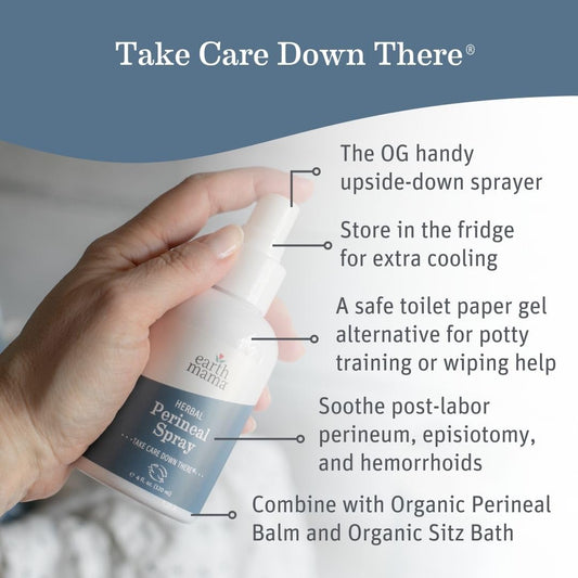 Earth Mama Perineal Balm tube shown for long lasting comfort with herbal botanicals.