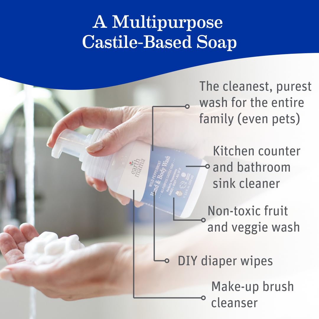 Closeup of Earth Mama Wild Peppermint wash showing creamy lather and natural ingredients