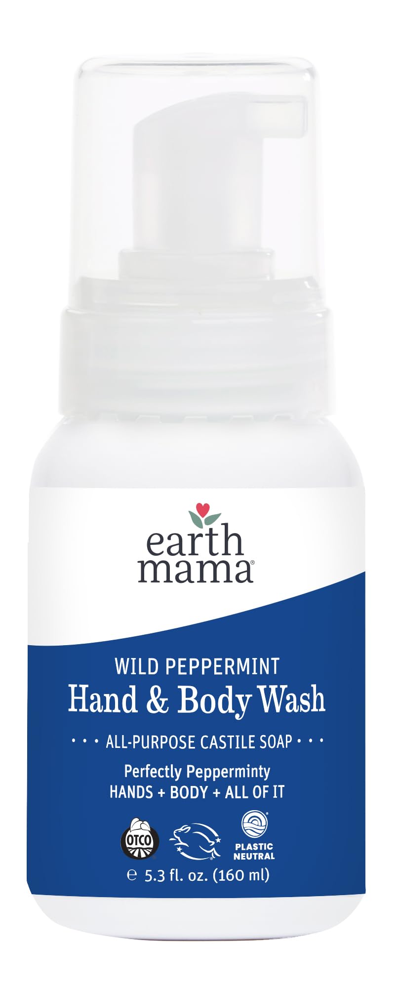 Earth Mama Wild Peppermint wash bottle with foamer pump for refreshing hand and body cleansing