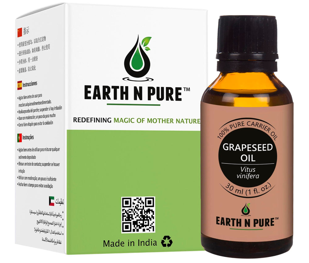 Earth N Pure Grapeseed Oil bottle demonstrates lightweight moisture for all skin types.