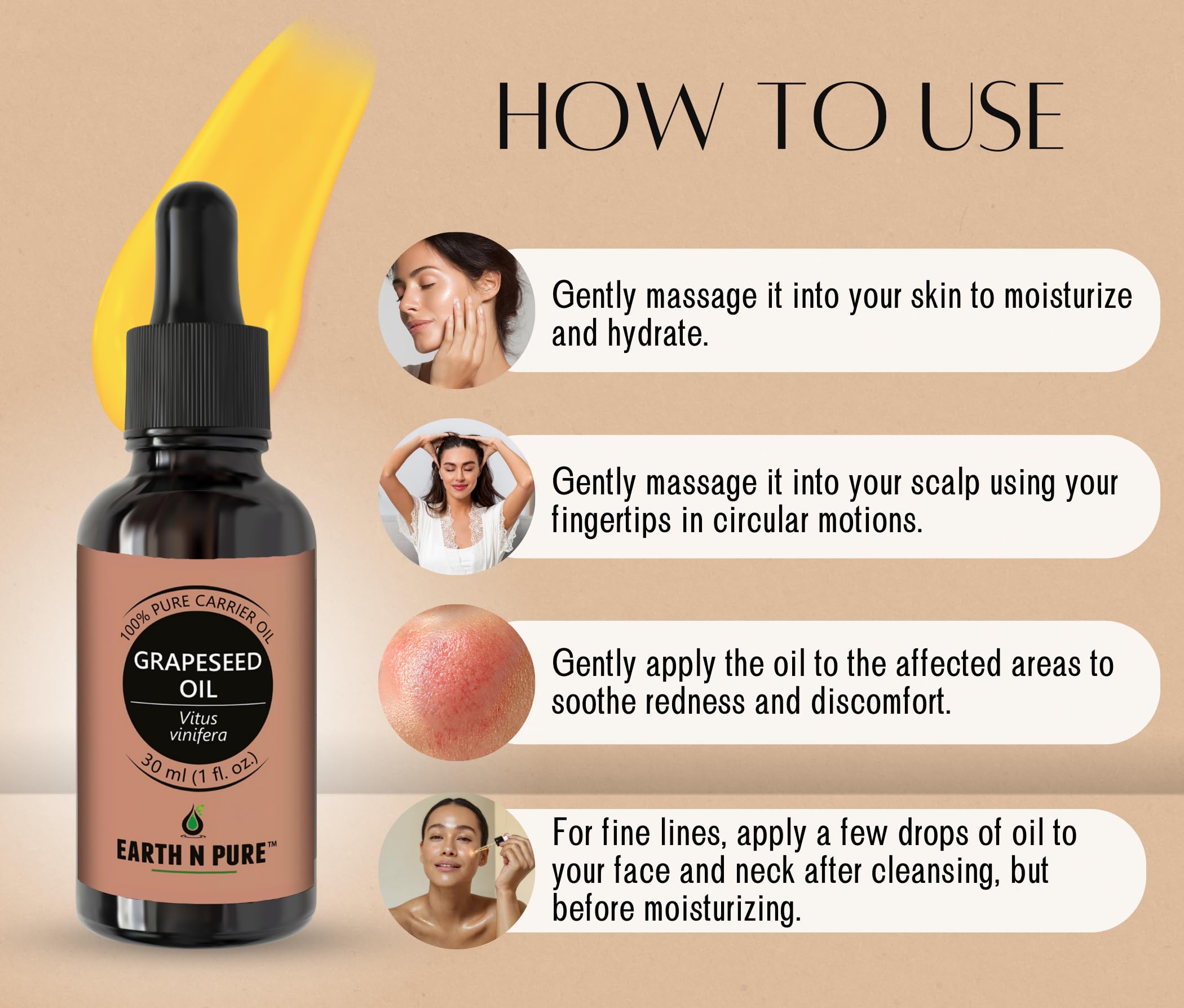 Earth N Pure Grapeseed Oil hair care image suggests lightweight conditioning.