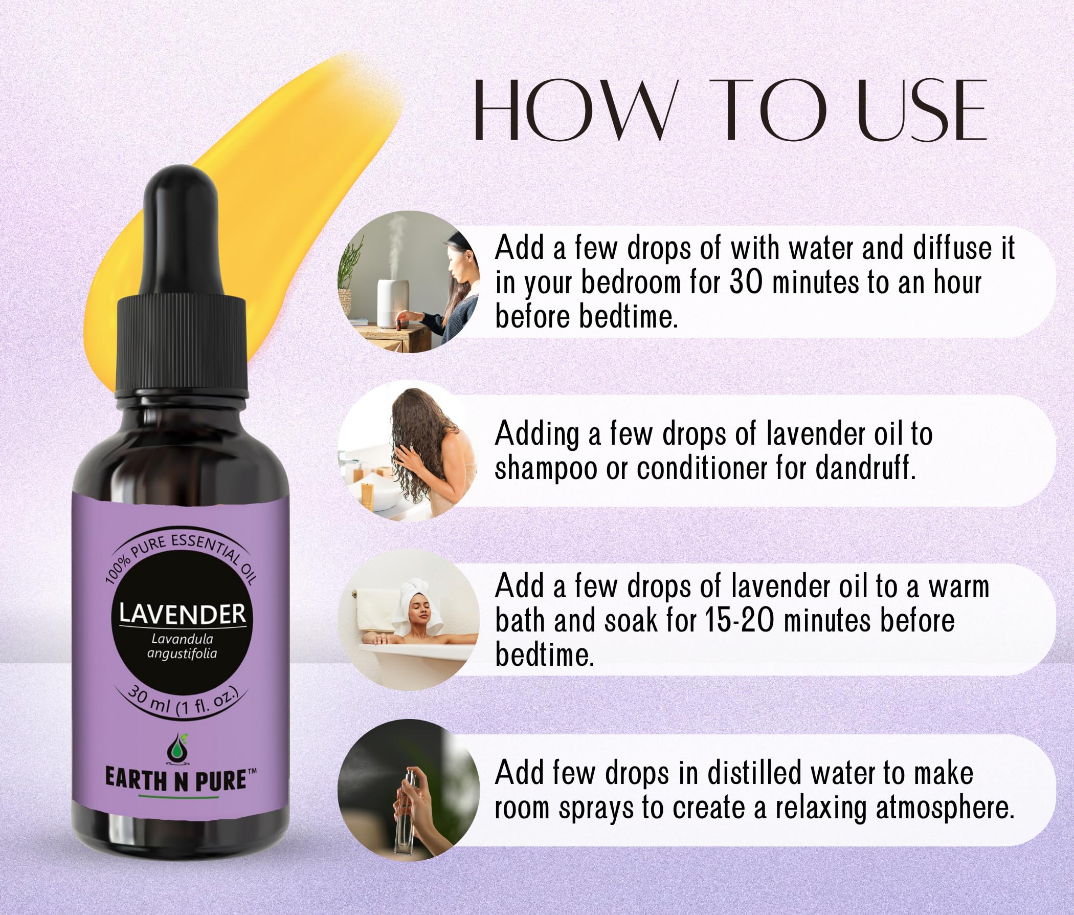 Earth N Pure Lavender Oil in diffuser releasing calming floral scent.