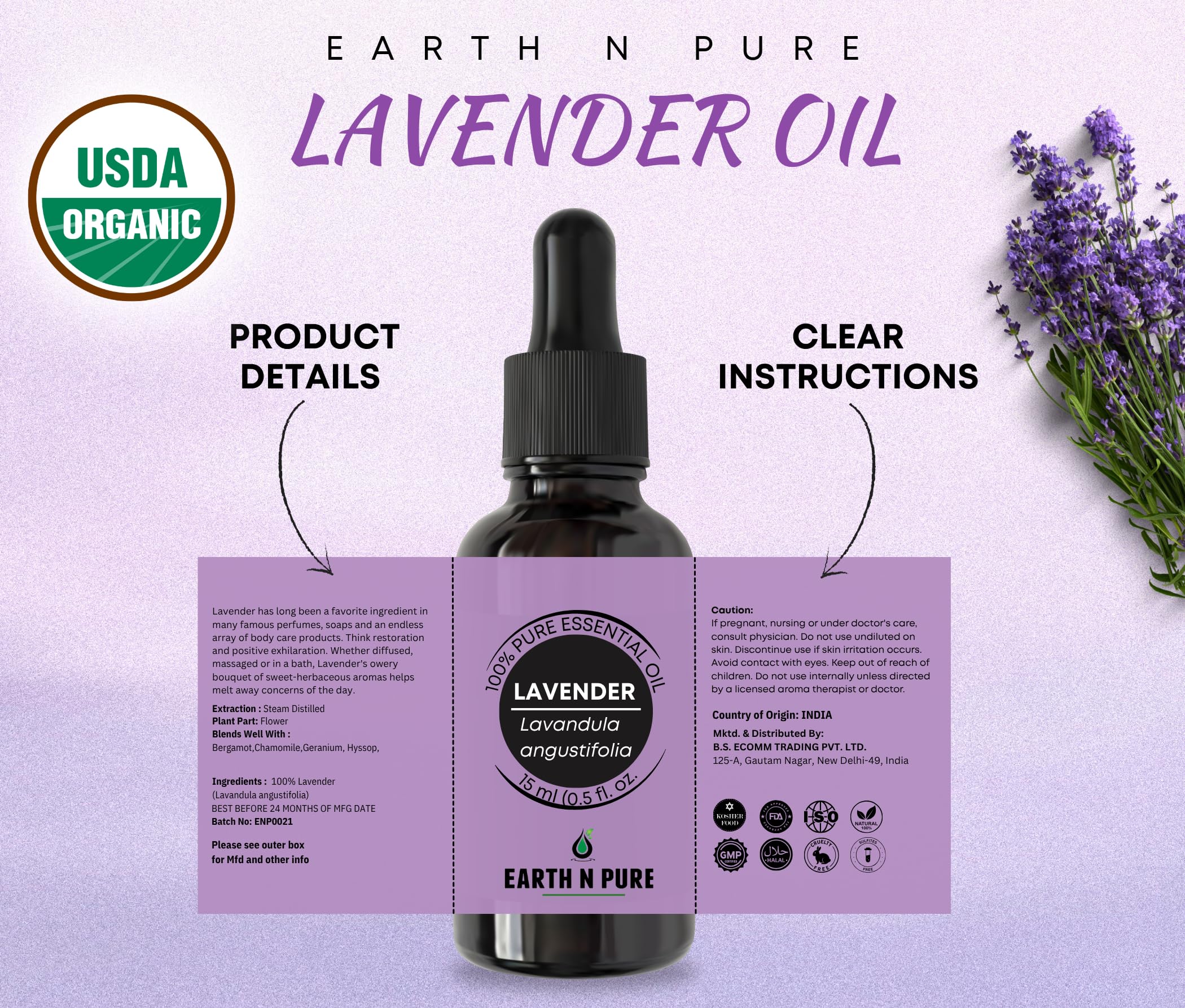 Earth N Pure Lavender Flowers highlighting natural aroma and purity.