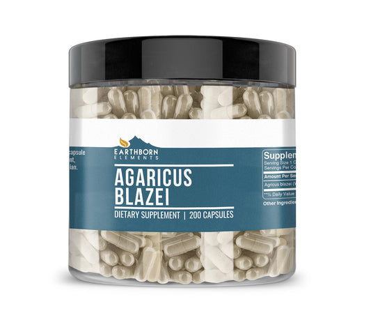 Bottle of Earthborn Elements Agaricus Blazei 200 capsules with label