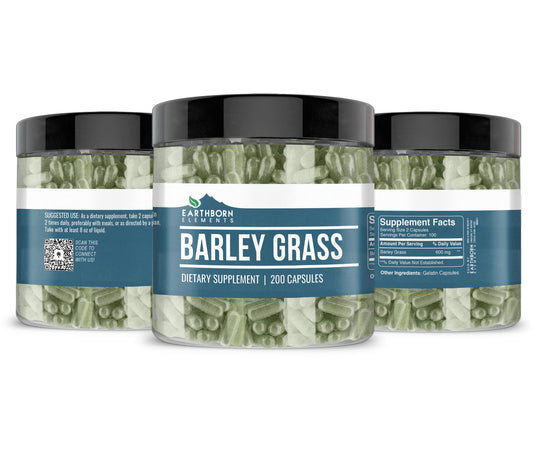 Close-up of Earthborn Elements Barley Grass capsules