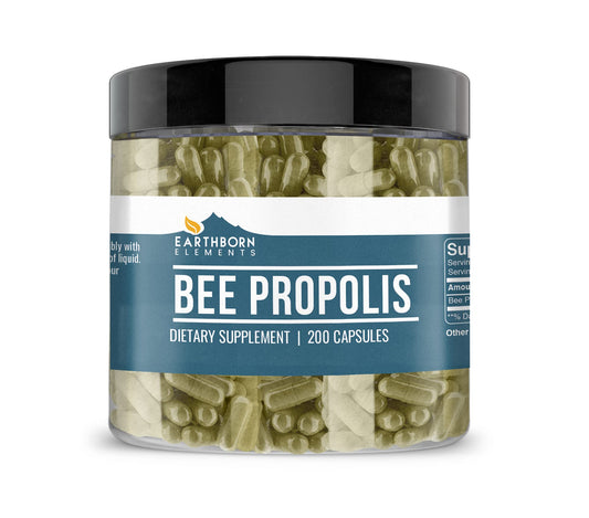 Front view of Earthborn Elements Bee Propolis 200 capsules bottle
