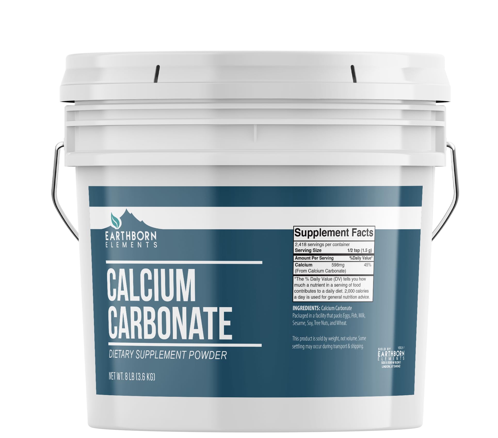 Earthborn Elements Calcium Carbonate Powder in a resealable 1-gallon bucket