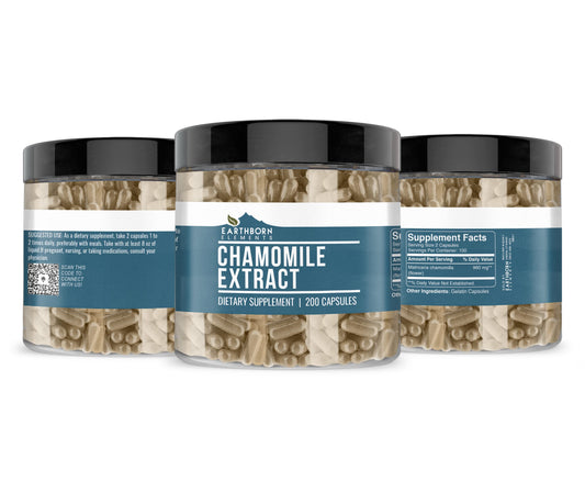 Close-up of Chamomile Extract capsules in bottle