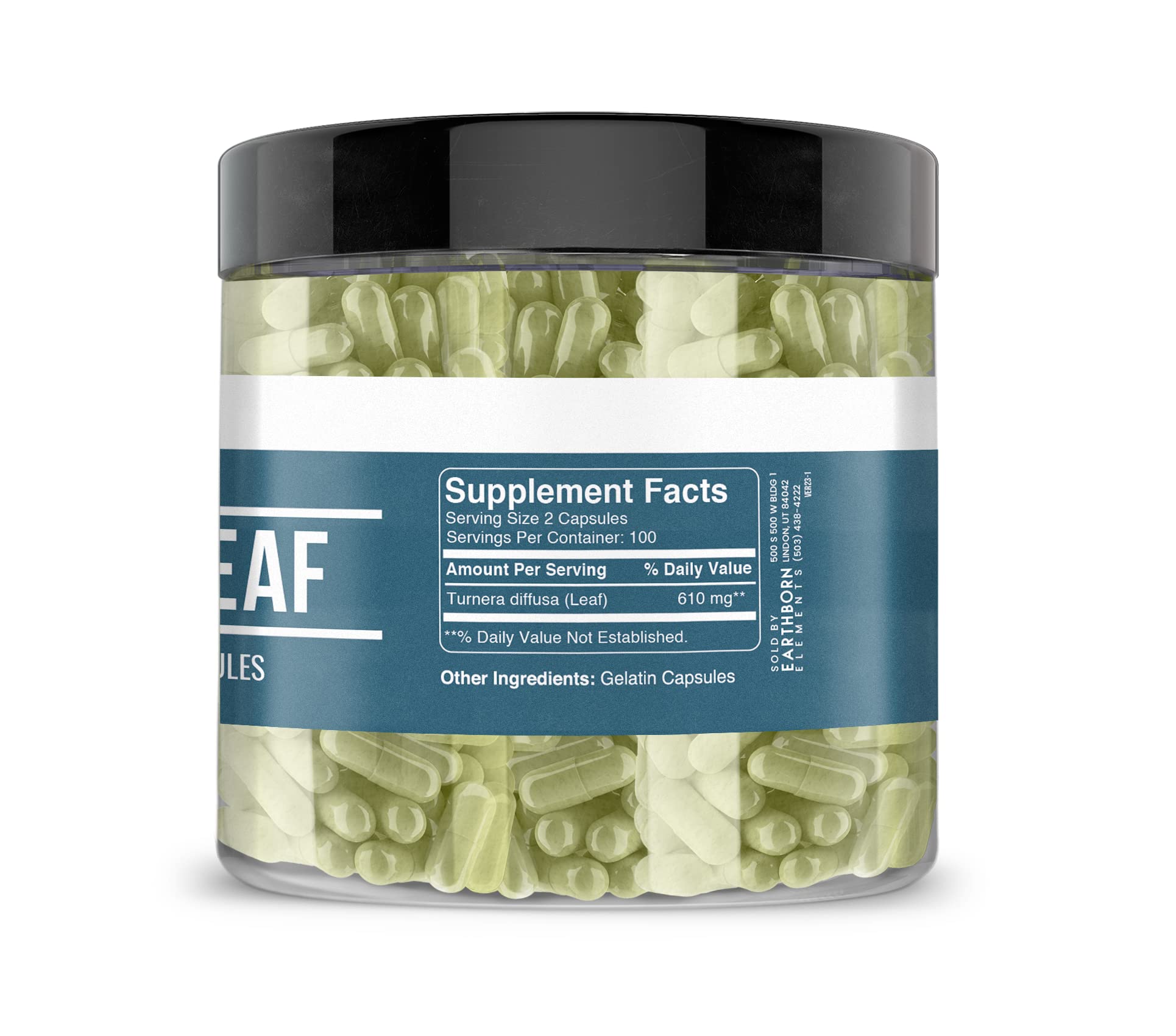 Label detail on Earthborn Elements Damiana Leaf Capsules bottle
