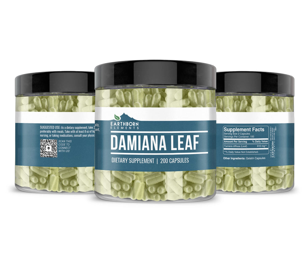 Earthborn Elements Damiana Leaf Capsules bottle on a white background
