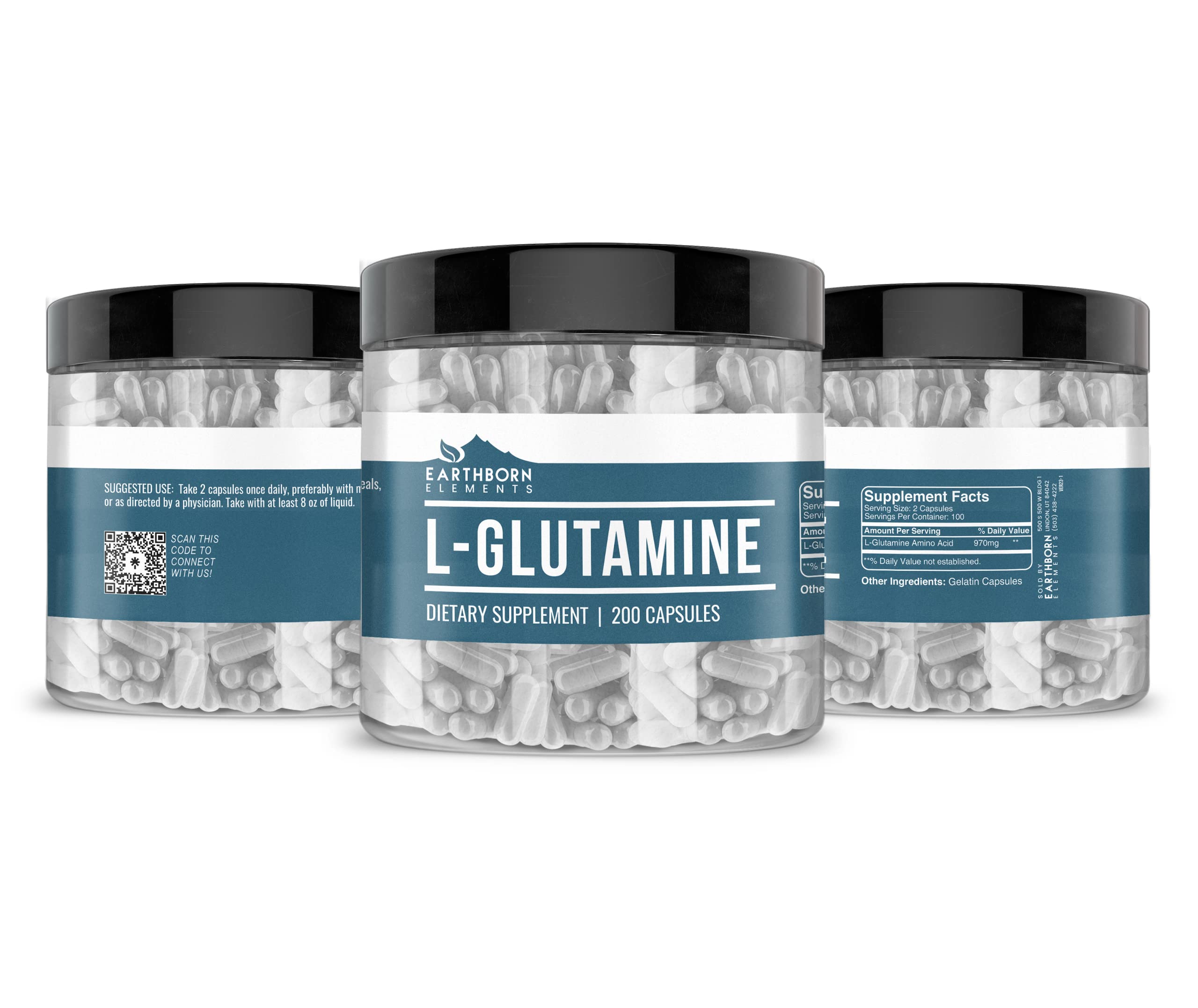 Close-up of L-Glutamine capsules from Earthborn Elements