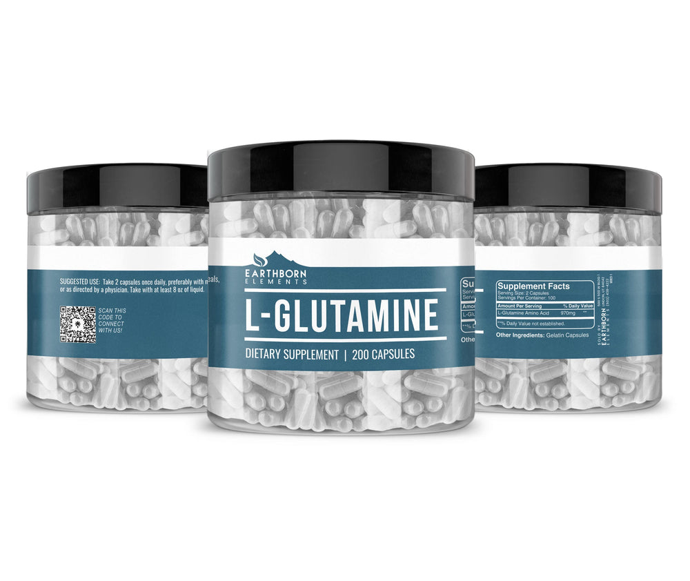 Close-up of L-Glutamine capsules from Earthborn Elements