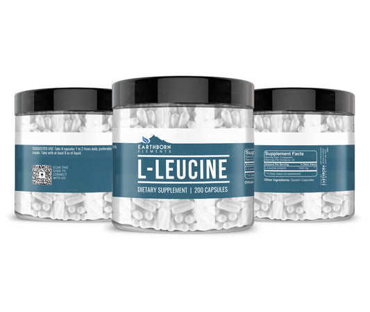 Close-up of Earthborn Elements L-Leucine 200 Capsules bottle label