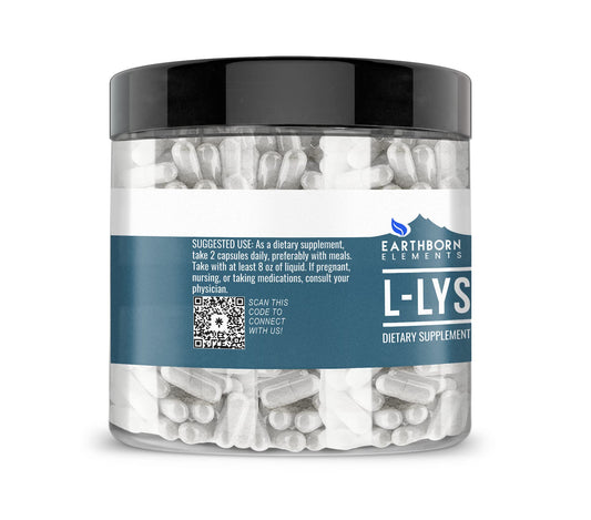 Close-up of Earthborn Elements L-Lysine HCL capsules