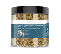 Close-up of lavender extract capsules inside a clear bottle